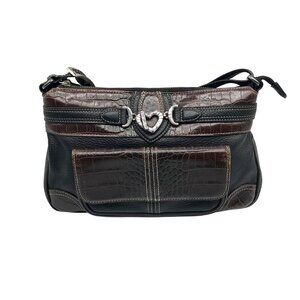 Brighton Black & Brown Croc Embossed Leather Organizer Shoulder Bag